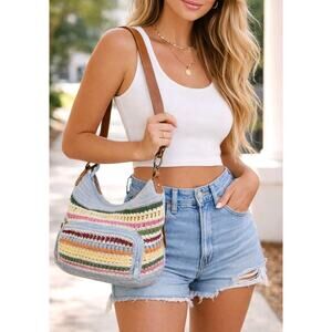 Boho Y2K Crochet Knit Striped Shoulder Bag Leather Strap Hippie Festival Purse